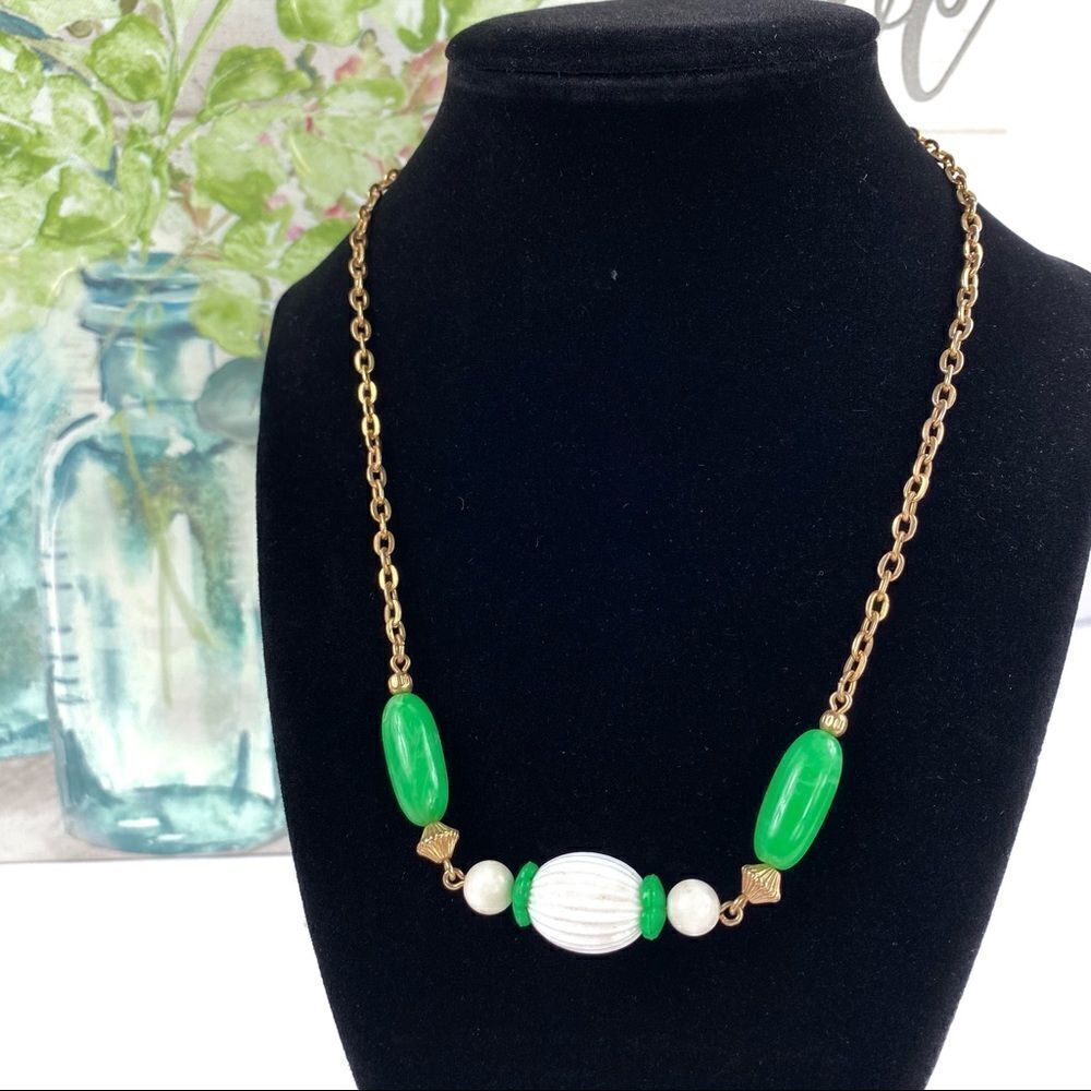 Multi bead Necklace Green & White